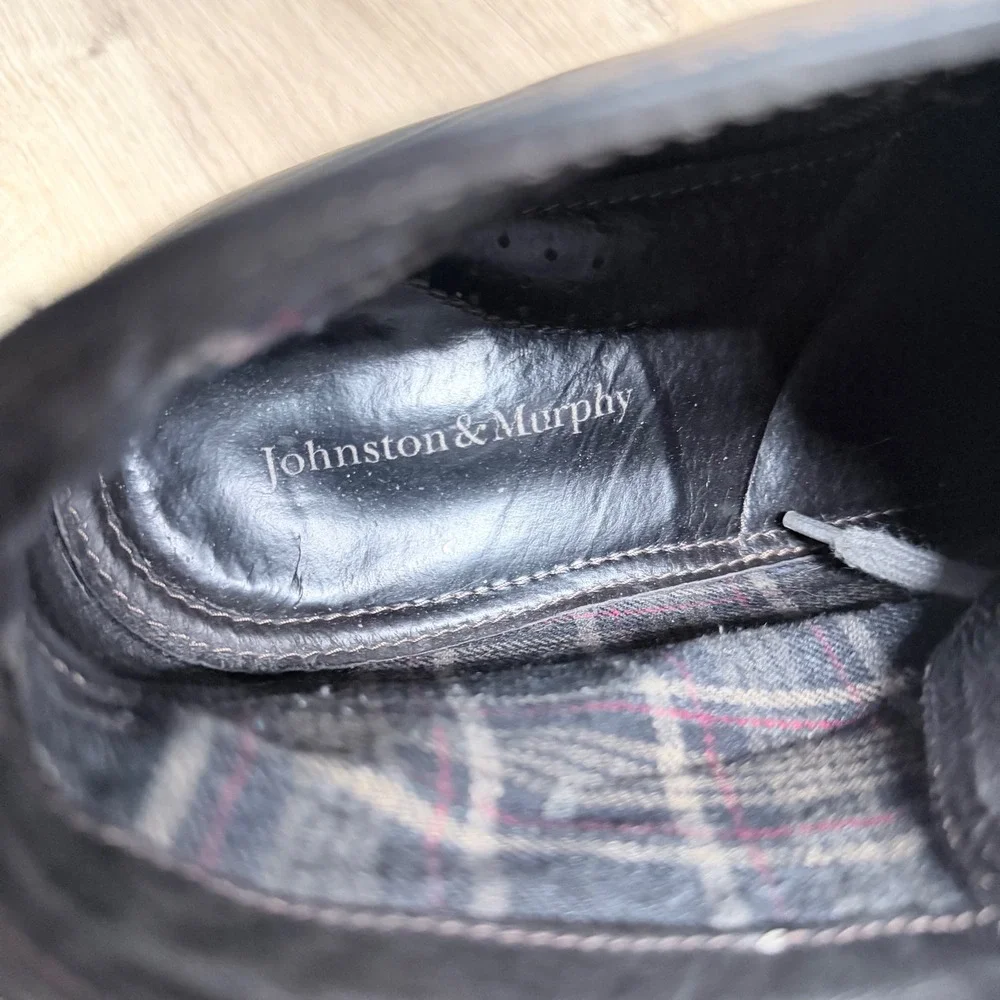 Johnston‎ & Murphy Boots Mens 11.5 Black Leather Lace Up Cap Toe Brogue Detail